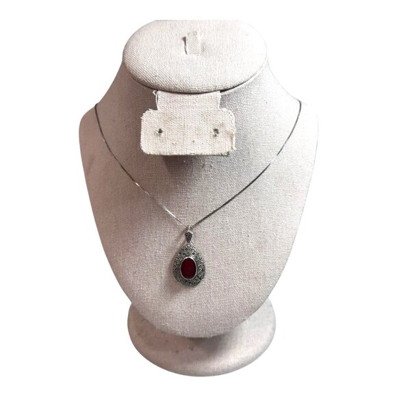 Sterling Silver Marcasite Red Teardrop Pendant Necklace Art Deco Jewelry Design - Picture 2 of 10